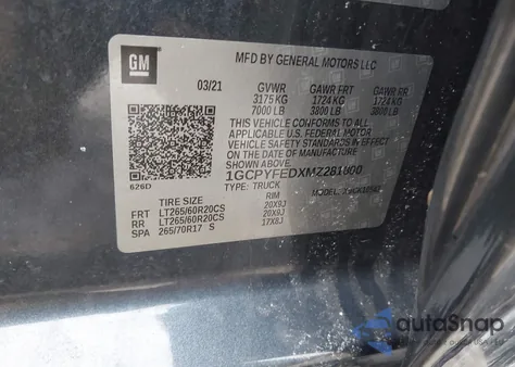 2021 Chevrolet Silverado 1500 4Wd Short Bed Lt Trail Boss z USA, uszkodzony, nr VIN 1GCPYFEDXMZ281800